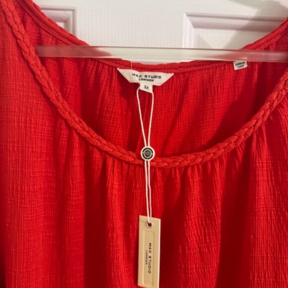 Max Studio London Peasant Top with Braided Stitching Around Neck Papaya - Picture 3 of 6